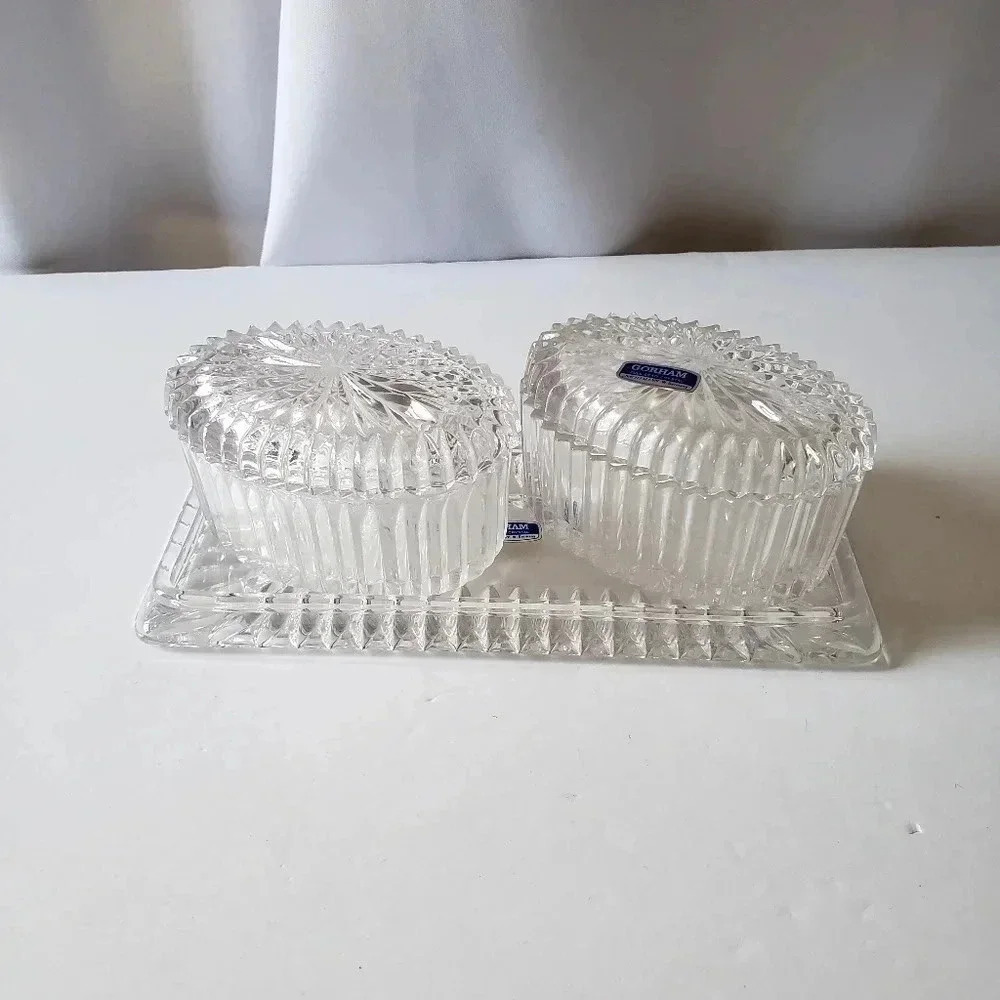 Gorham set of 3 pieces Oval Shaped Full Lead Crystal Glass Trinket Jewelry Box